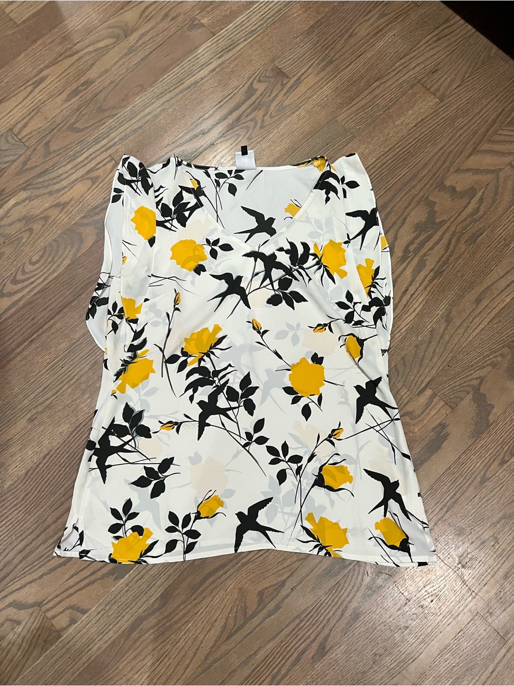 CAbi White Floral & Black Bird Print Blouse with Yellow Accents